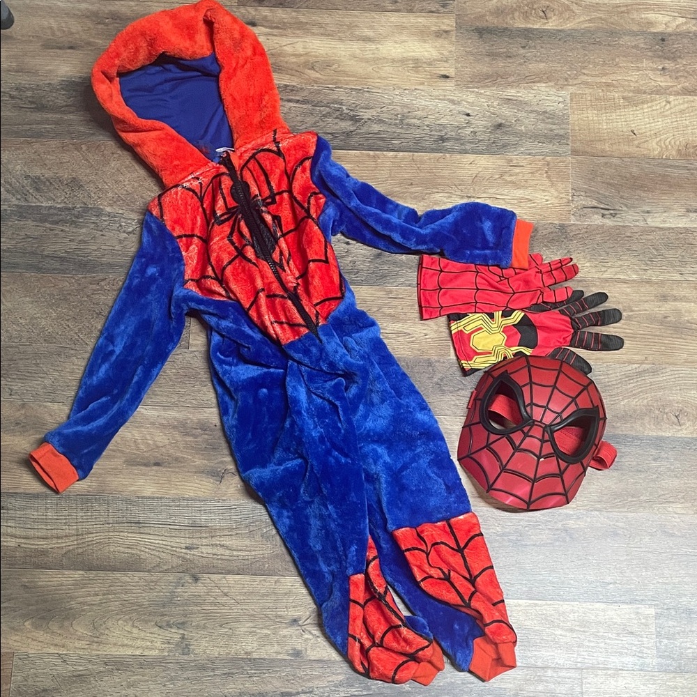 Spiderman Kids Blue and Red Hooded Costume Onesie with Mask and Gloves